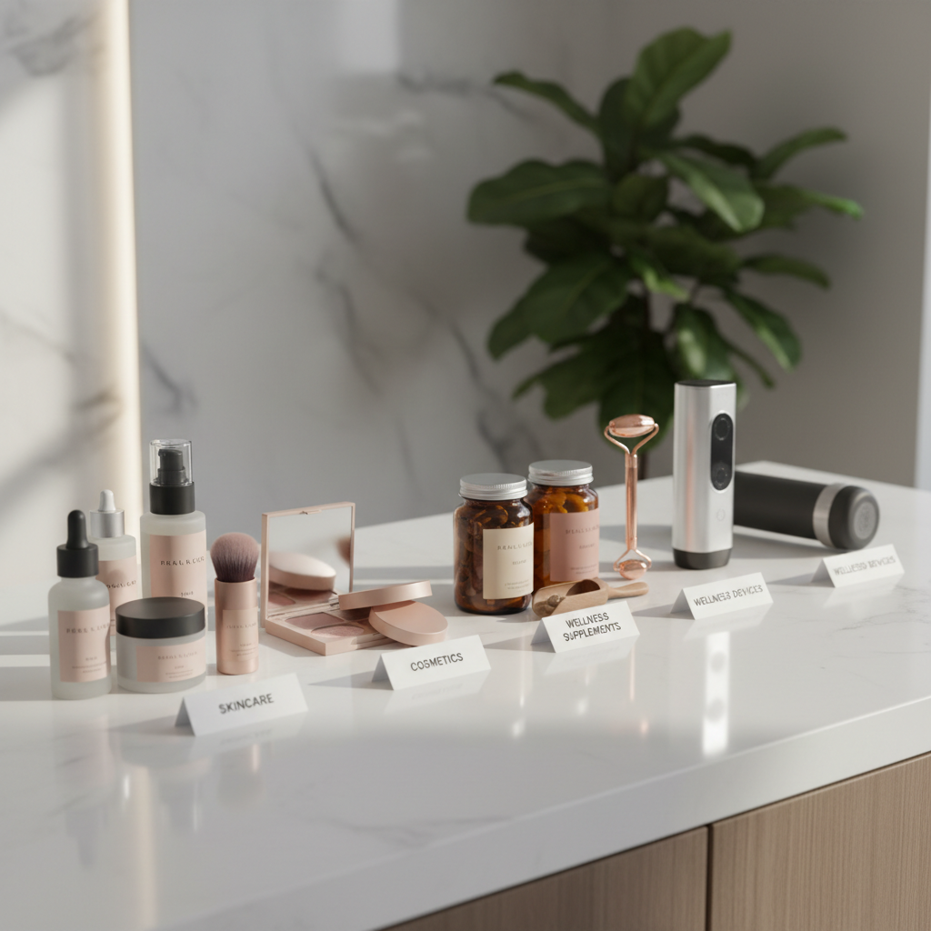 A sophisticated arrangement of unbranded beauty, skincare, and wellness products on a polished white quartz countertop, separated into clearly defined groups that suggest different categories: frosted glass skincare bottles, satin-finish cosmetic compacts, amber supplement jars, and sleek metallic wellness devices. Each group is subtly anchored by a small, neatly printed category card. Soft overhead studio lighting and a faint rim light from the back create gentle reflections on the countertop and precise highlights along the product contours. Shot from a slightly elevated three-quarter angle with a shallow depth of field, the foreground products are in sharp focus while the background softly blurs. The mood is curated, global, and authoritative, matching a professional review platform for lifestyle and consumer brands.