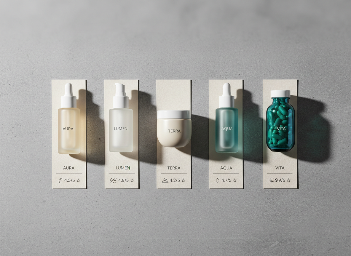 A sleek, minimalist flat lay of five unbranded product bottles and jars arranged on a cool gray stone surface, each clearly labeled with neutral, fictional brand names for comparison. Matte glass serums, a satin-finish cream jar, and a glossy supplement bottle are aligned in tidy rows, with subtle icons and rating stars printed on small comparison cards beneath them. Soft studio lighting from the left creates gentle, professional shadows and crisp highlights on the packaging edges. The background fades into a soft blur at the top of the frame, keeping focus on the central comparison. Shot from a perfectly overhead, bird’s-eye view in photographic realism, the mood is analytical, trustworthy, and editorial, ideal for a global brand review platform.