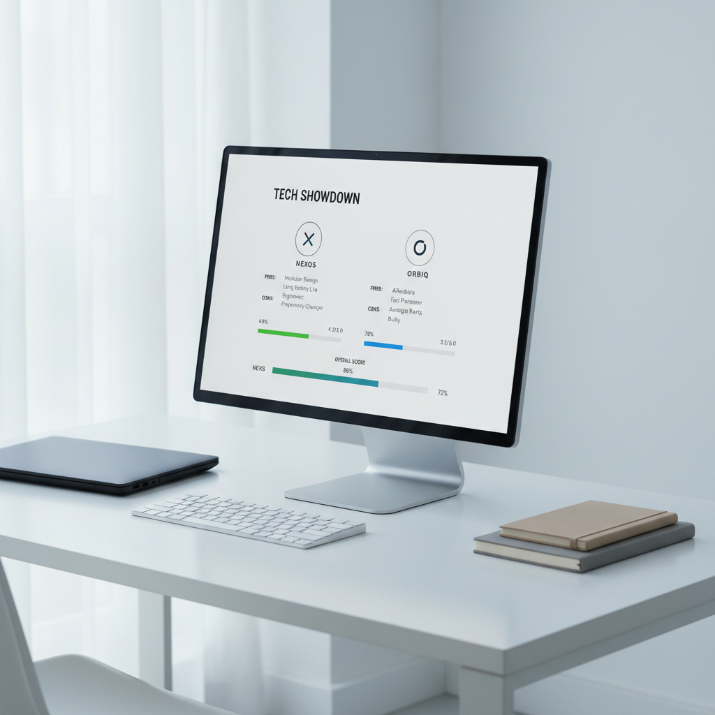 An elegant computer monitor on a clean white desk displaying a stylized product comparison dashboard with multiple fictional brand logos, side-by-side rating bars, and neatly organized pros and cons columns. Around the monitor sit a closed matte-finish laptop, a slim wireless keyboard, and a small stack of neutral-toned notebooks, all arranged with precision. Cool, diffused daylight from an unseen window casts soft, even illumination, eliminating harsh shadows and emphasizing clarity. The composition is eye-level with a slight angle, drawing the viewer into the screen’s content. Photographic realism with a clean, modern aesthetic reinforces a professional, data-driven atmosphere, perfectly suited to a brand review website’s homepage hero image.